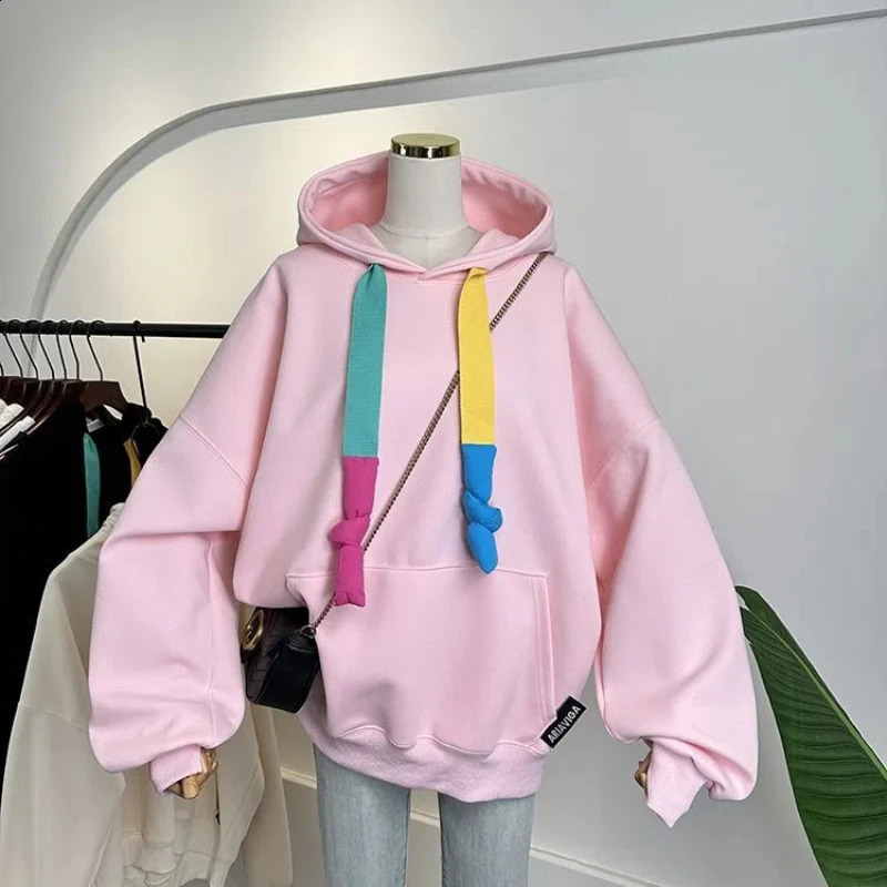 Korean 2024 Womens Spring Autumn Splicing Pullovers Hooked Fashion Pocket Solid Color Versatile Casual Long Sleeve Hoodies 241223