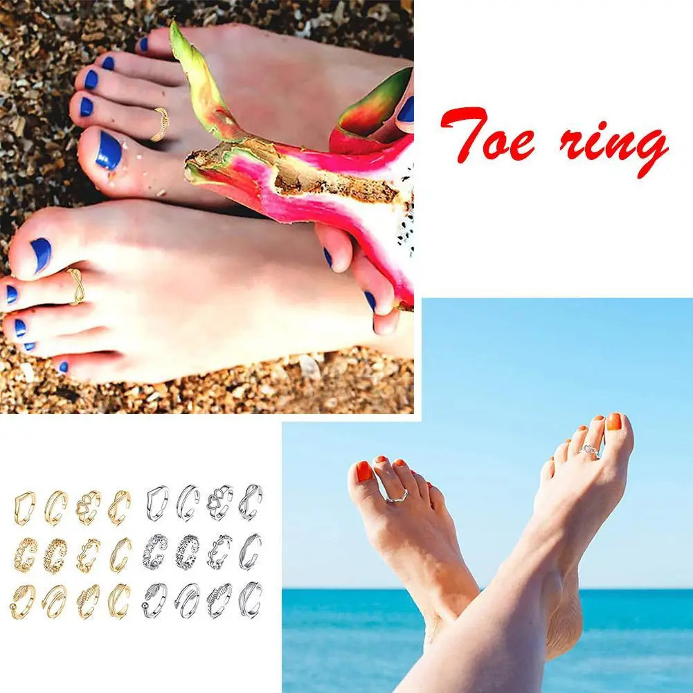12pcs Adjustable Toe Rings For Women Girls Simple Beach Open Set Cute Heart Feather Summer Foot Jewelry 241225