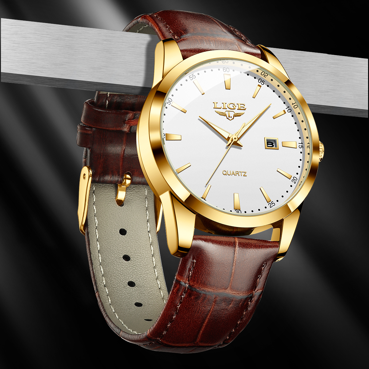 LIGE Men's Business Quartz Watch Premium Brand Watch Premium Leather strap Classic dial Men's Waterproof Watch Three pin calendar watch Holi