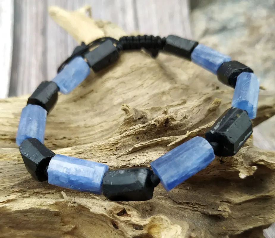 YA3933 Natural Kyanite Black Tourmaline Stone Beads Cord Knotted Adjustable Bracelet 241227