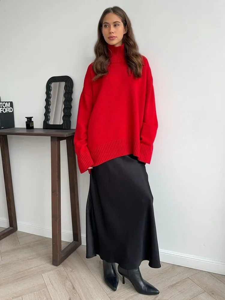 Womens Turtleneck Knitted Sweater Oversize Winter Vintage Red Pullover Women Soft Warm Commuting Jumpers 2024 241223