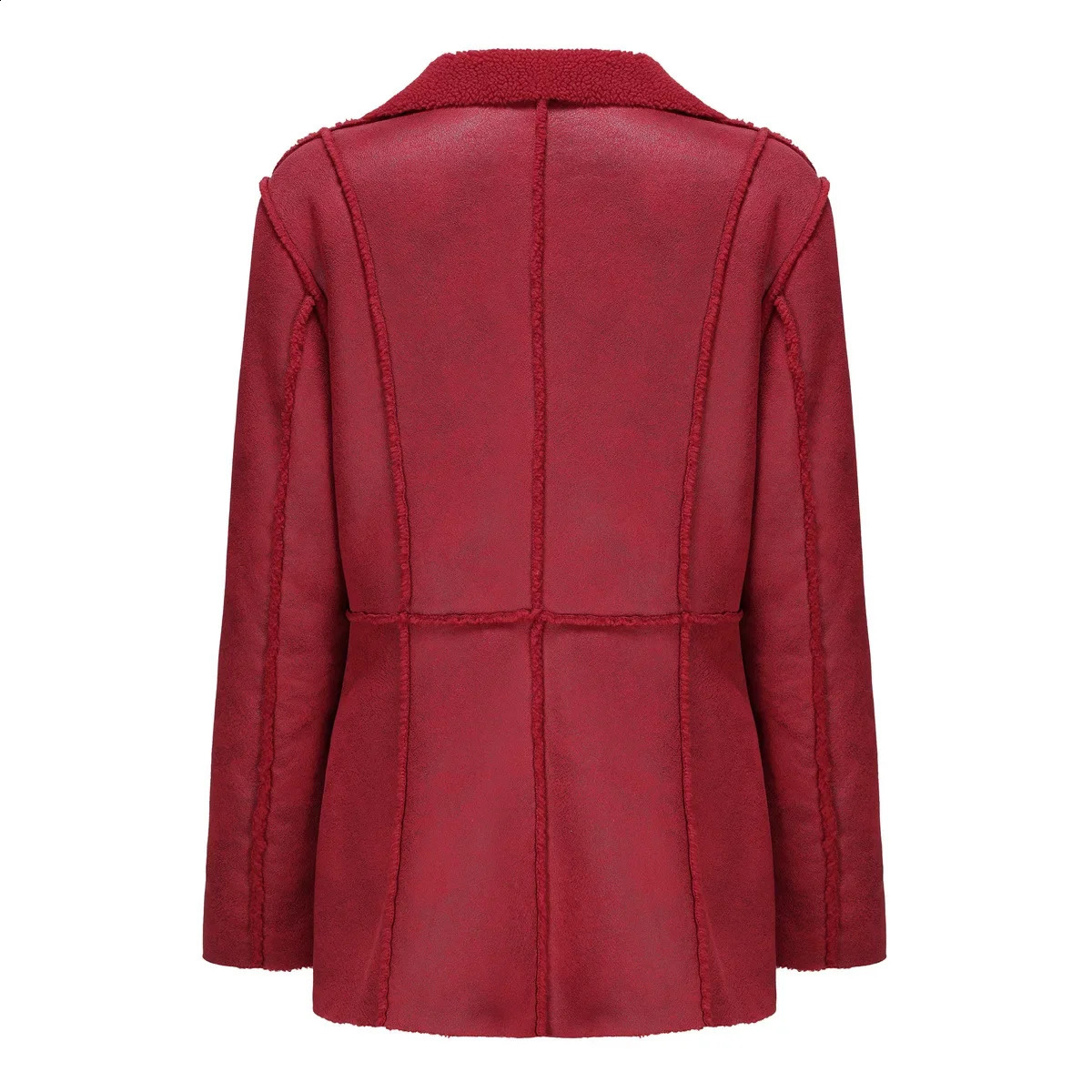 Fur One Double Breasted Lapel Padded Leather Jacket Female Autumn and Winter Medium Length Suede Wine Red Coat 241220
