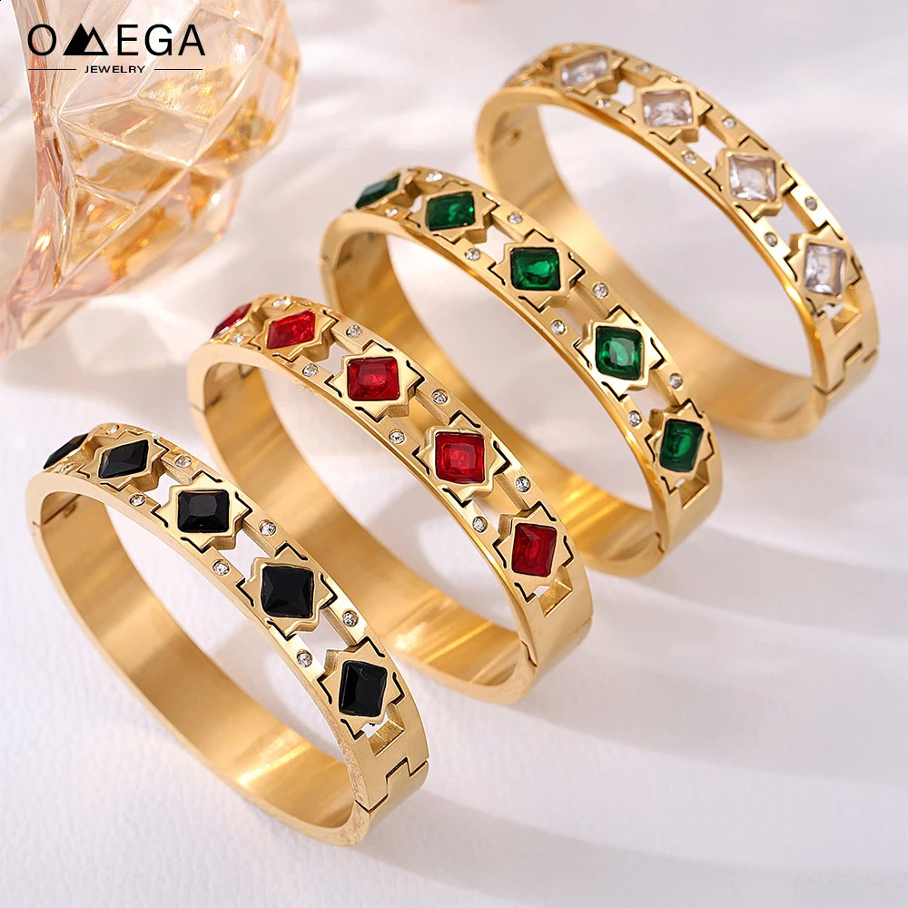 Openable Stainless Steel Bracelets For Women 18k Gold Plated Inlaid Square Zircon And Glass Stone Hollowed Womens Cuff Bracelet 241227