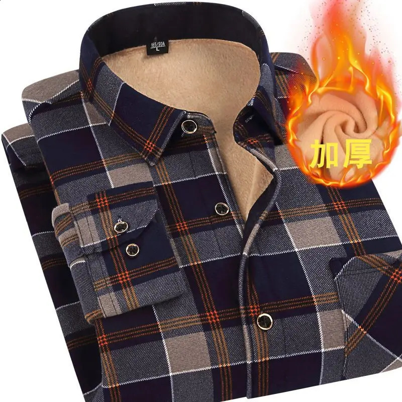 Mens Fleece Plaid Shirt Thick Warm Velvet Shirt Long Sleeve Business Fashion Big Size Autumn Winter 241223