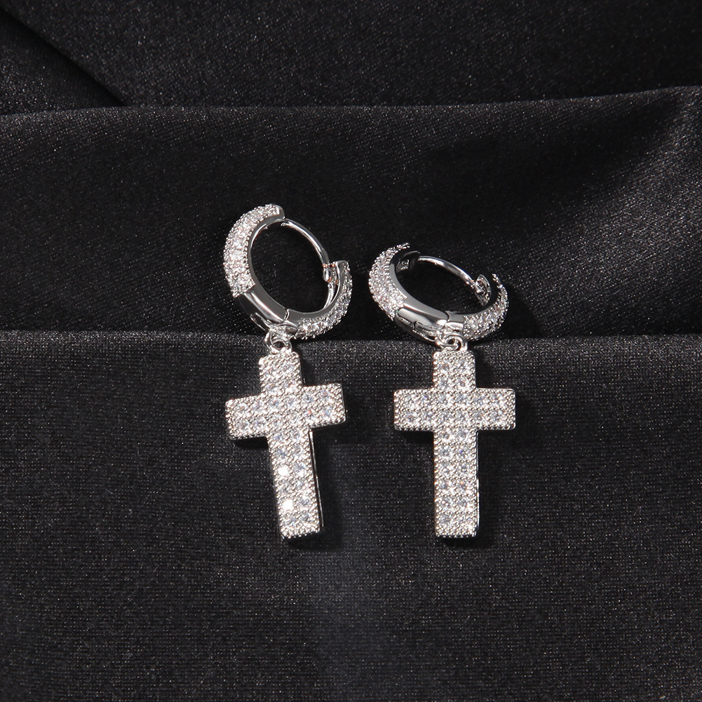 Hip Hop 14k Gold Shiny Cubic Zircon Cross Dangle Huggie Hoop Earrings Fine Quality Full Iced Out Cz Stones Jewelry Accessories Earring Pendientes Cruz