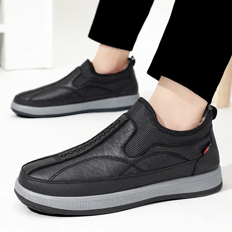 Winter Keep Warm Men Cotton Shoes PU Leather Outdoor Casual Thick Plush Comfort Walking Platform Slipon Loafers 241223