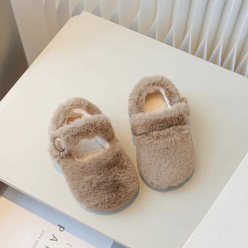 Kids Flat Shoes Fluffy Solid Colors Warm Shallow Winter Children Mary Janes 21-36 Furry Hook-loop Cover Toe Comfy Girls Shoe W241228