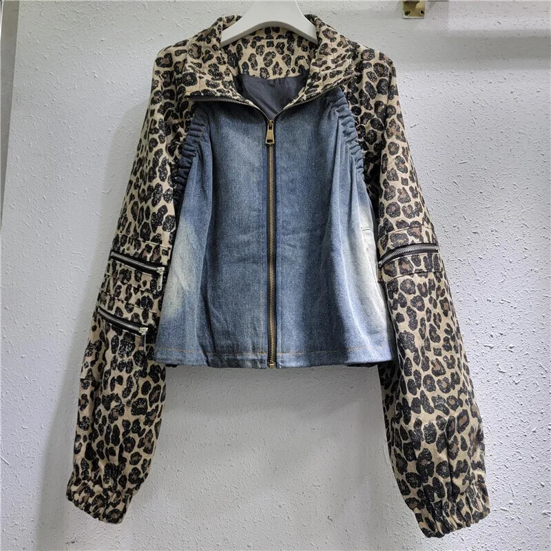 DEAT Womens Denim Coat Patchwork Leopard Printed Long Sleeve Zipper Turn-down Collar Jackets 2025 Fashion Spring 33A 241223