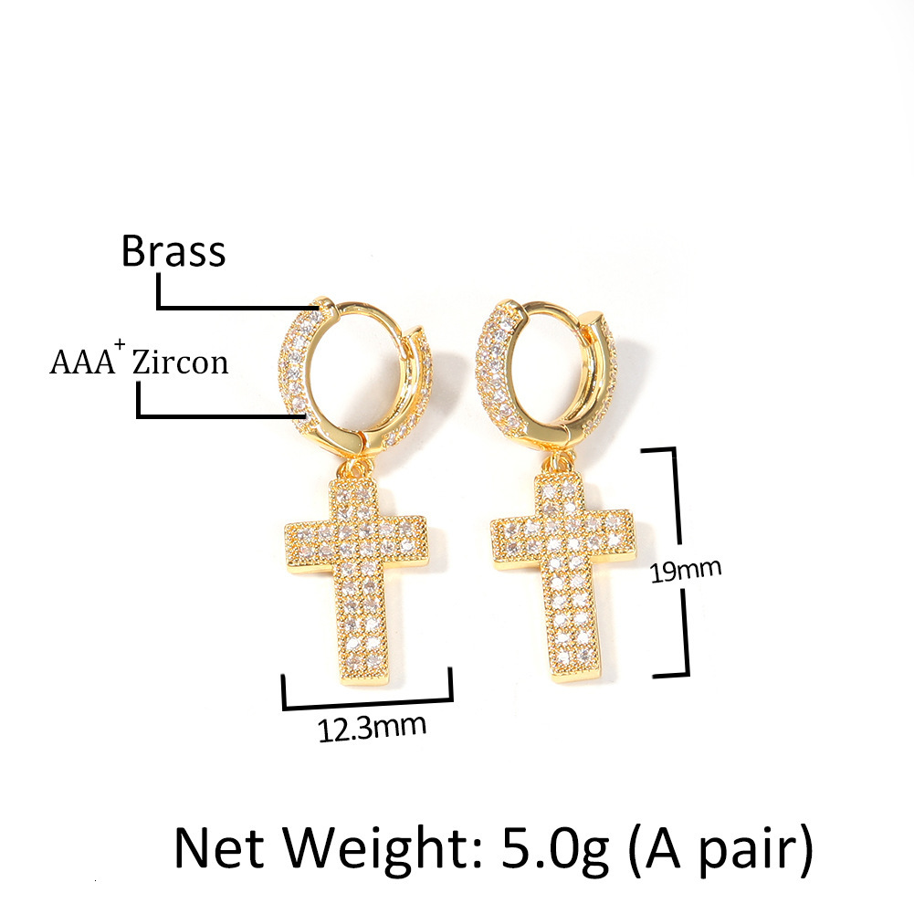 Hip Hop 14k Gold Shiny Cubic Zircon Cross Dangle Huggie Hoop Earrings Fine Quality Full Iced Out Cz Stones Jewelry Accessories Earring Pendientes Cruz