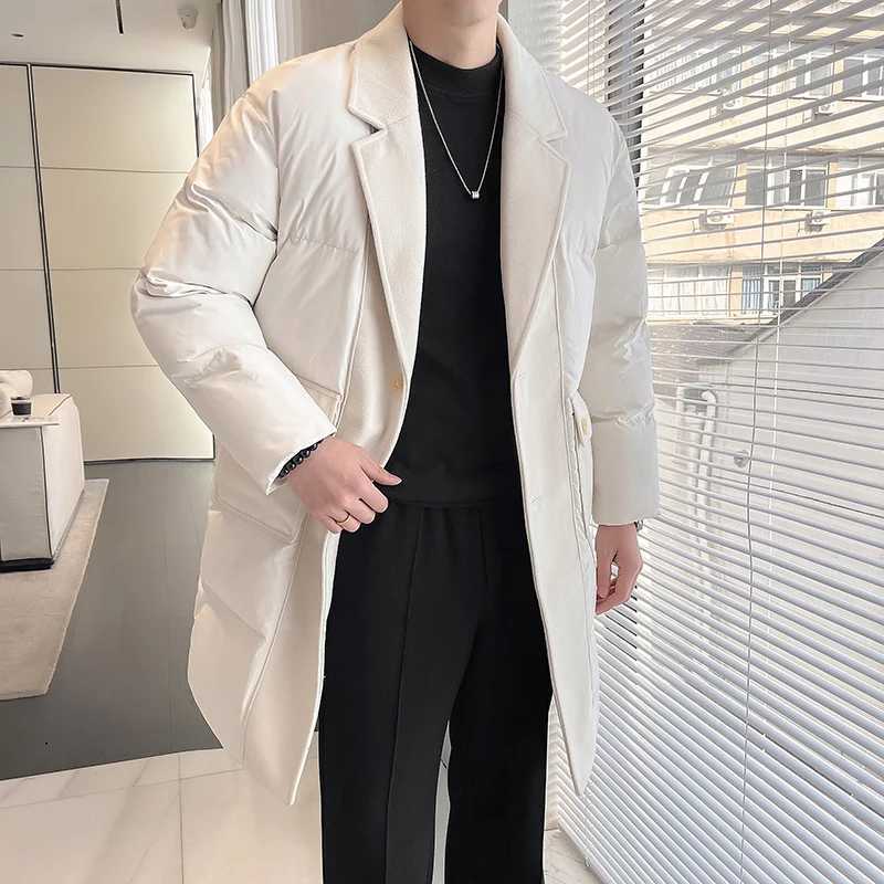 Solid color mens mid length single chest cotton lined jacket winter coat thick and warm long coat windproof Parkas W241228