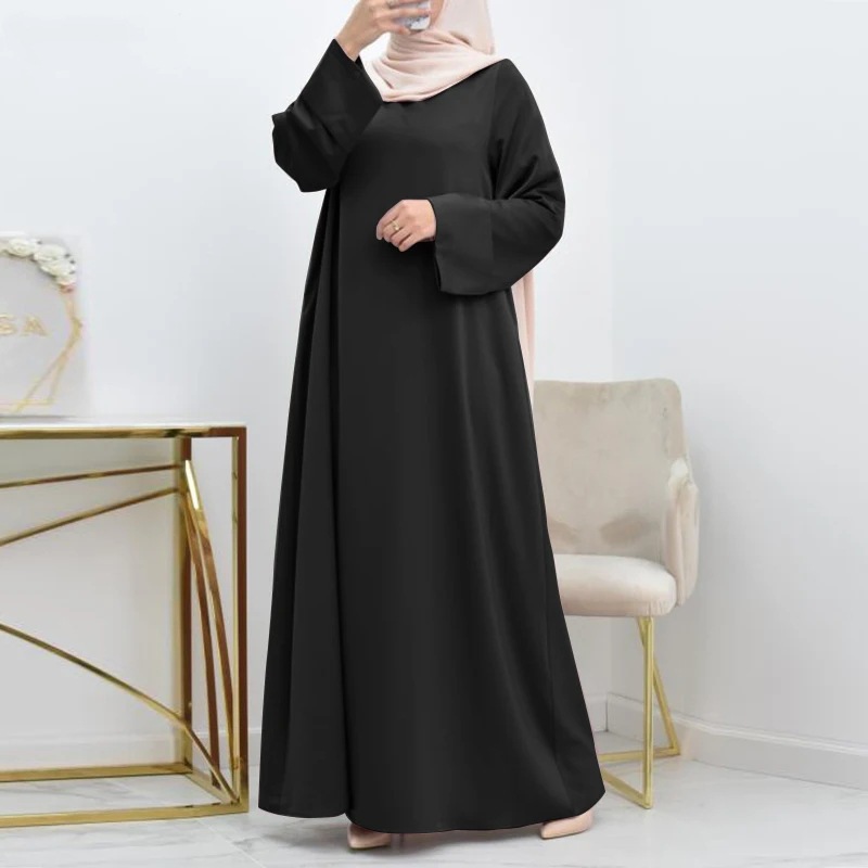 B1901 new Muslim women's satin skirt Middle Eastern robe simple solid color loose round neck belt large size long sleeve
