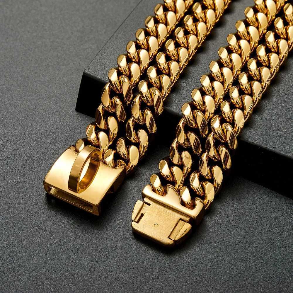 12mm Double Row Dog Chain Collar with Secure Buckle 18K Gold Cuban Link Strong Metal Collar for Big Dogs Pitbull German Shepherd M241228