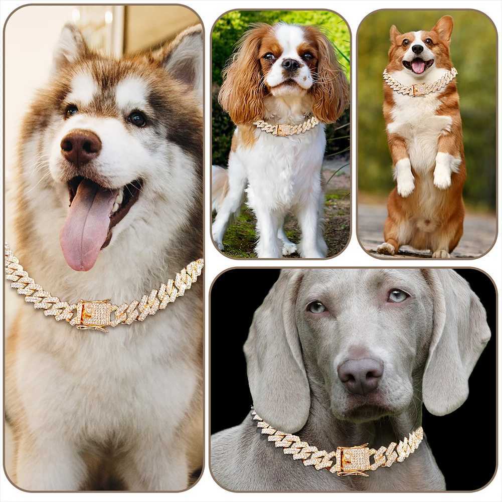 Dog Collars High Quality Dog Collar Chain Diamond Cuban Chain Gold Shining Bulldog Necklace Cat Collar Pet Accessories T250211 H250219