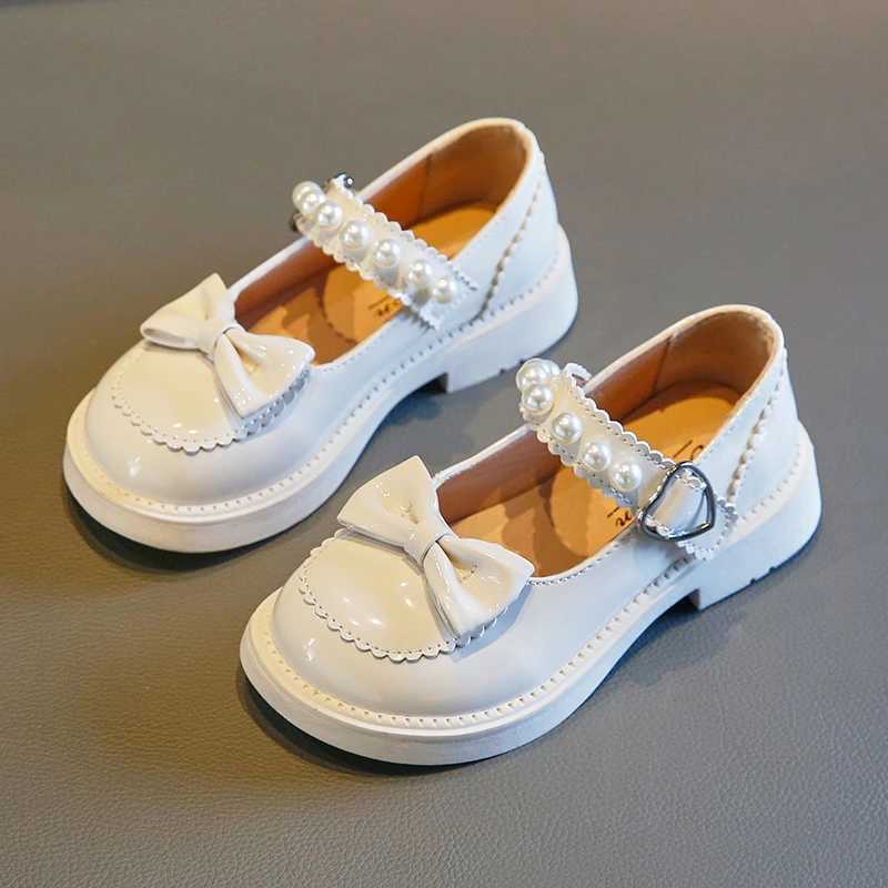Mary Janes for Girls Spring Pearl Lolita Lovely Bowtie Black White Cover Toe Children Flat Shoes Patent Leather 27-37 Kids Shoe W241228