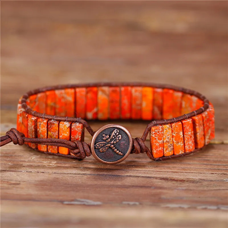 Orange Jaspers Leather Wrap Bracelet Jewelry Natural Stone Tube Bead Cuff Bracelet Unique Bohemian Bracelets Anniversary Gifts 241227