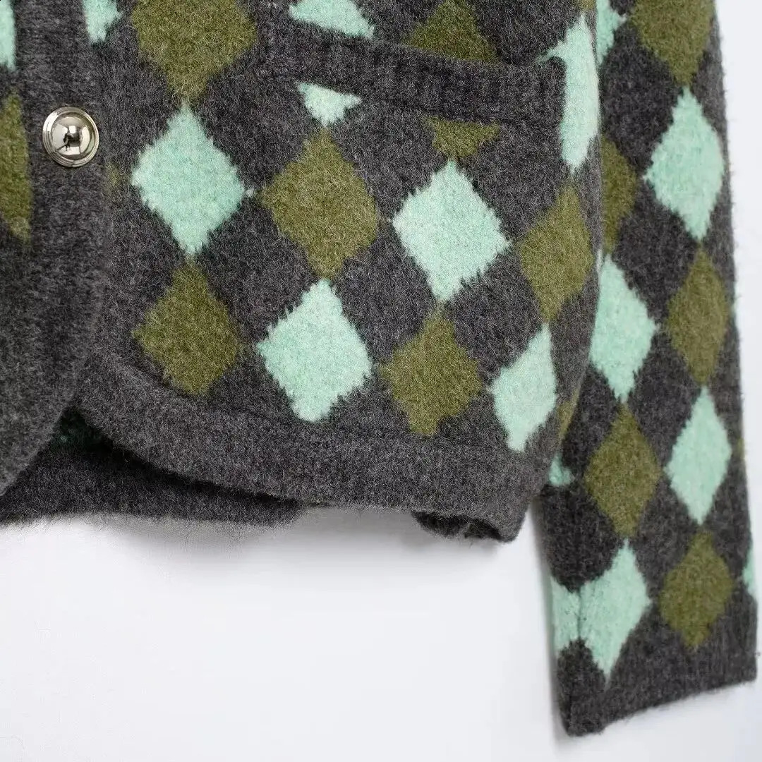 Autumn Arrival Womens Casual Versatile Diamond Pattern Jacquard Long Sleeve Round Neck Knitted Cardigan Coat 241227