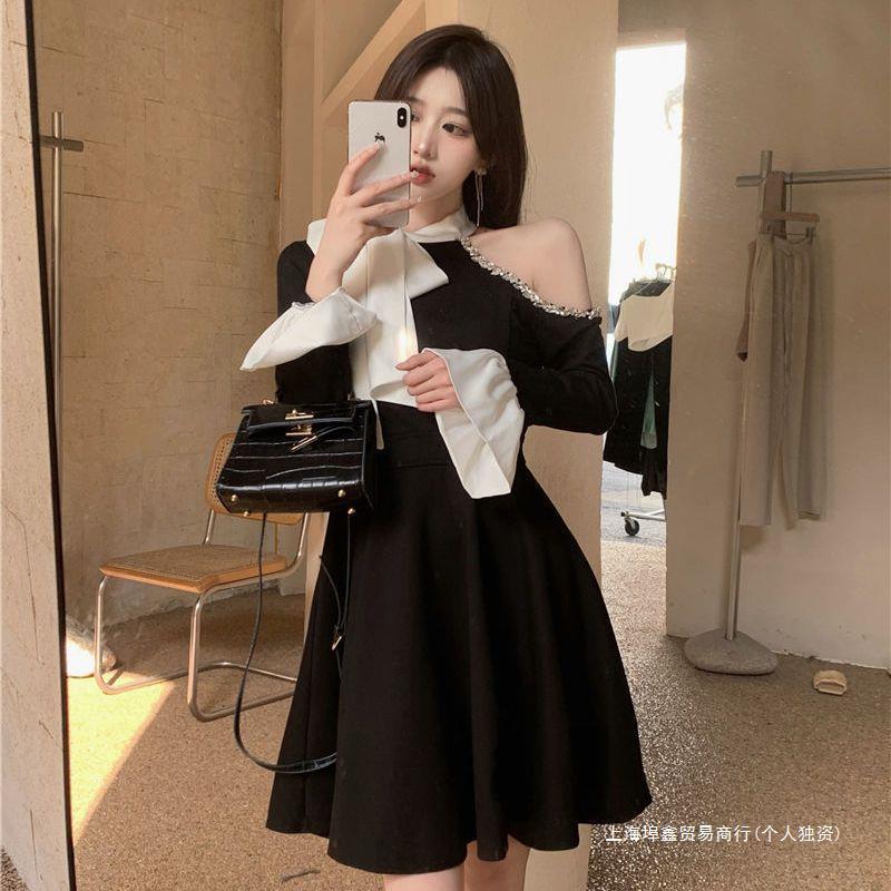 H122 Off-shoulder Elegant Dress High-end Rhinestone Hepburn Style Little Black Dress Autumn Bowknot