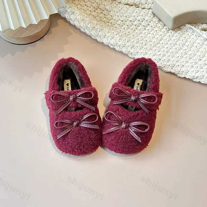 Girls Flat Shoes Winter Children Double Bowknot Fur Cover Toe Light Warm Kids Casual Shoe Plush Non-slip Comfy Girls Shoes W241228