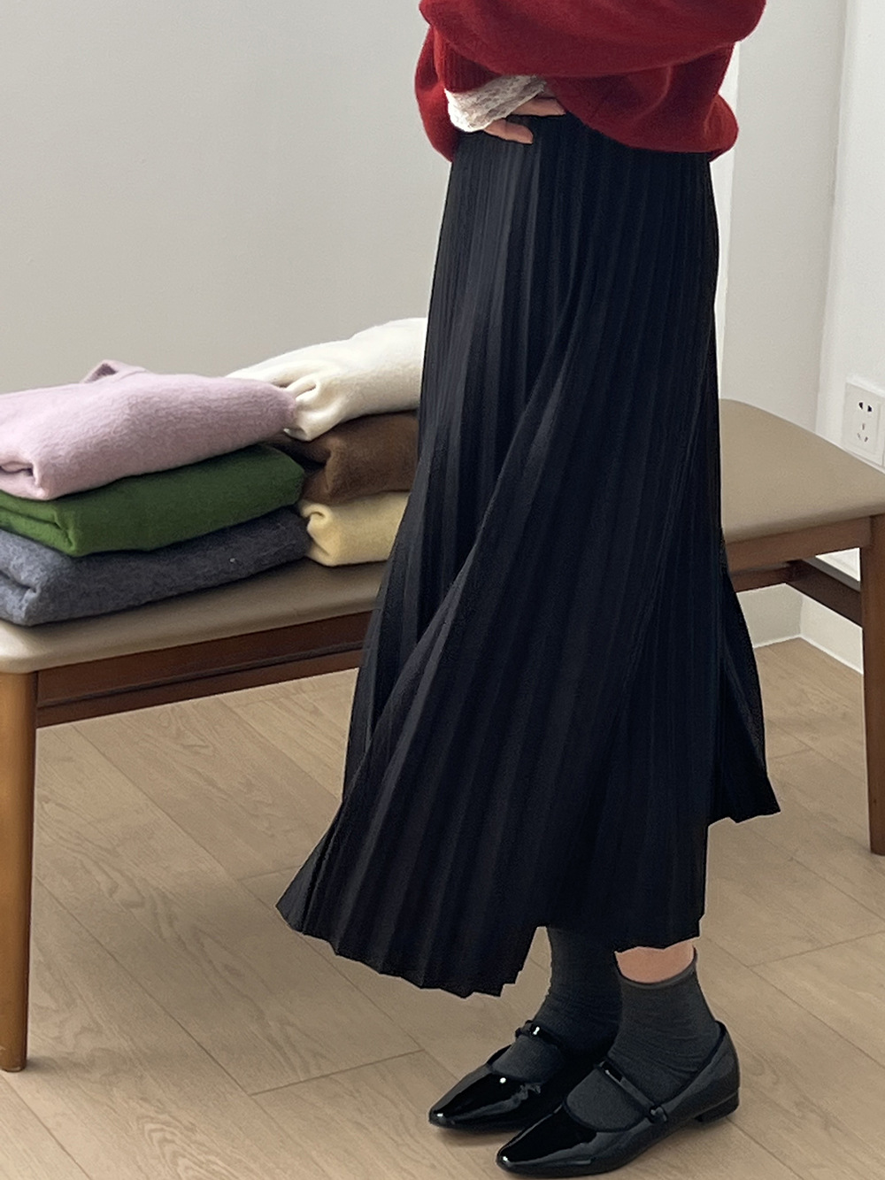 F9233 high waist pleated skirt 2024 autumn and winter new style temperament versatile drape A-line long skirt umbrella skirt