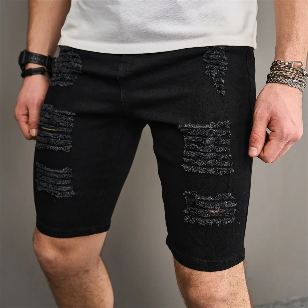 Street Men Holes Distressed Slim Beach Denim Shorts Summer Stylish Solid Male Casual Jean Fivepoint Pants 241223