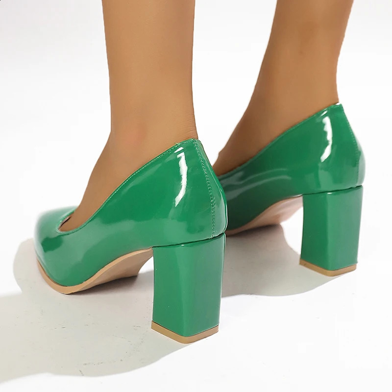 Women Shoes Green Chunky Heel High Heels Sexy Pointed Toe 7Cm Pumps Wedding Dress Shoes Rubber Bottom High Heels Ladies 241228