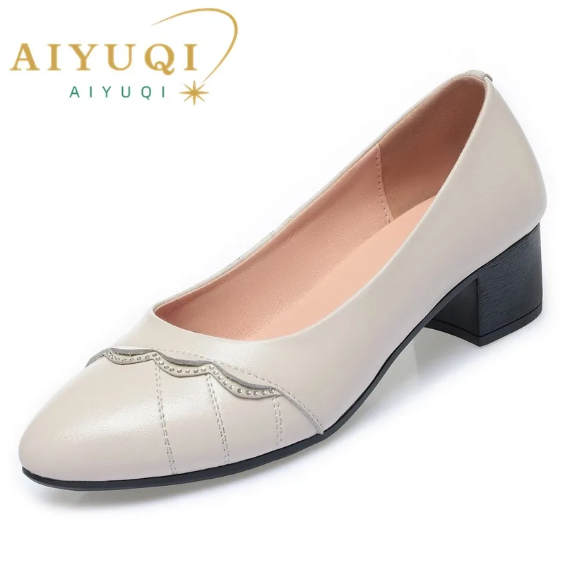 AIYUQI Dress Shoes Women Mid-heel Spring Genuine Leather Women's Office Shoes Large Size Work Shoes Women