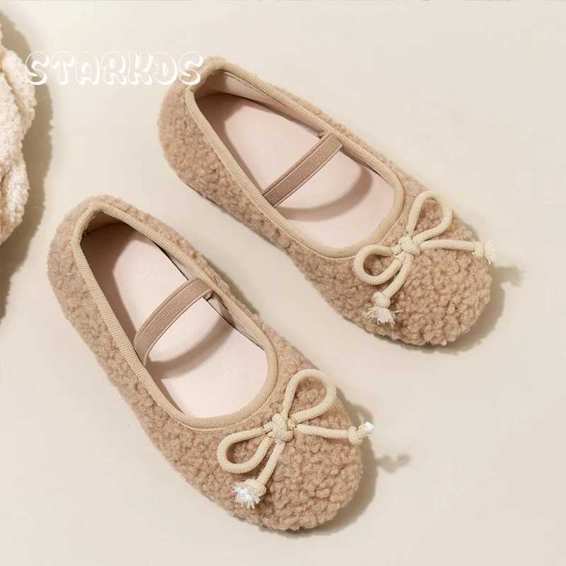 Bowknot Lambswool Ballet Flats Kid Girl Winter Warm Teddy Fur Ballerina Shoes Child Cosy Plush Shallow Loafers with Elastic Band W241228