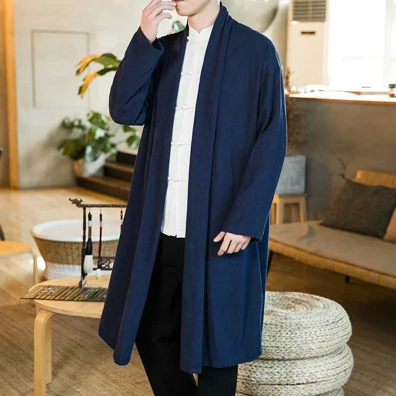 Chinese Style Mens Robe Cloak Loose Linen Cardigan Jacket Fashion Streetwear Solid Color Casual Loose Mid-length Trench Coat W241228