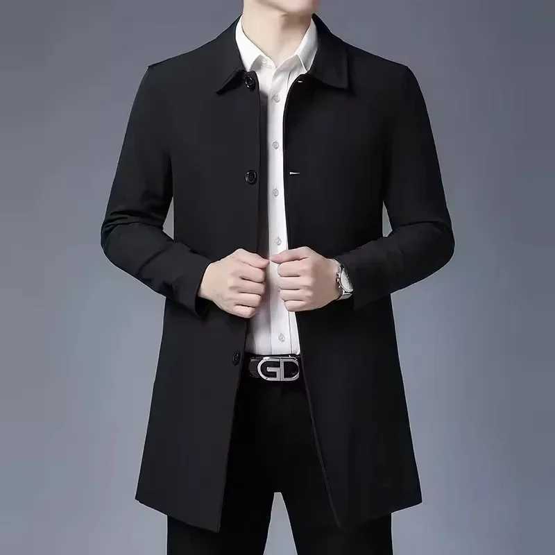 BROWON Brand Business Casual Trench Coats Men Turn-Down Collar Solid Color Long Mens Jacket 2024 Fashion Windbreaker Clothes Men W241228
