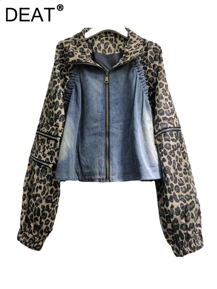 DEAT Womens Denim Coat Patchwork Leopard Printed Long Sleeve Zipper Turn-down Collar Jackets 2025 Fashion Spring 33A 241223