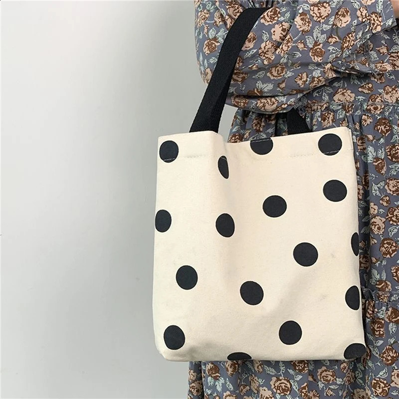 Fashion Harajuku Solid Color Canvas Small Shopper Bag Womens Ulzzang Black Large Capacity Polka Dots Shoulder 241227