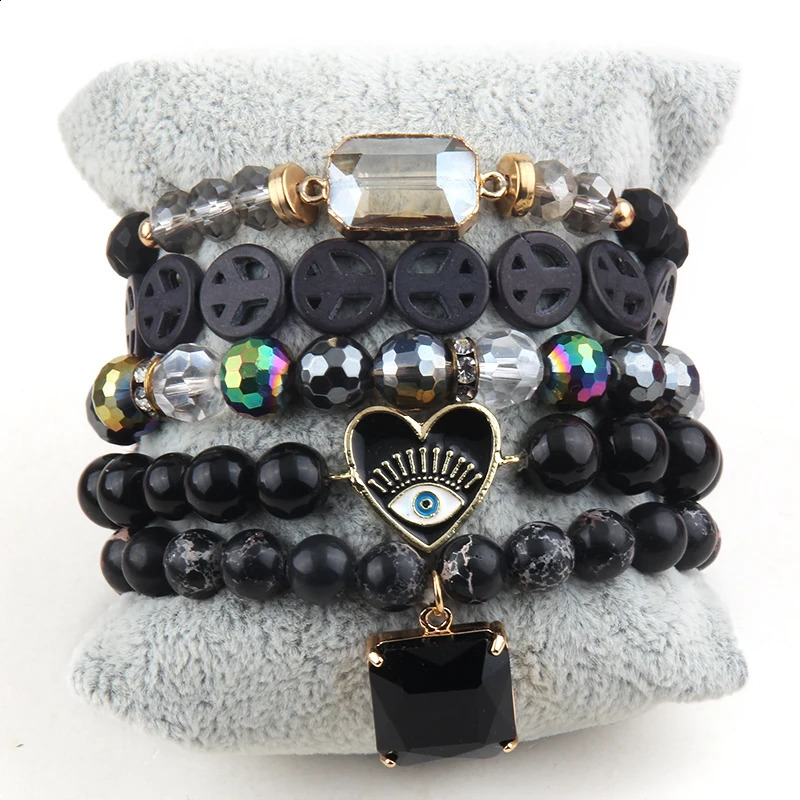 Fashion Boho Jewelry Set Black 5pc Black Natural Stone Stack Bracelet Sets For Women Bohemian Jewelres Gift Friends Birthday 241227
