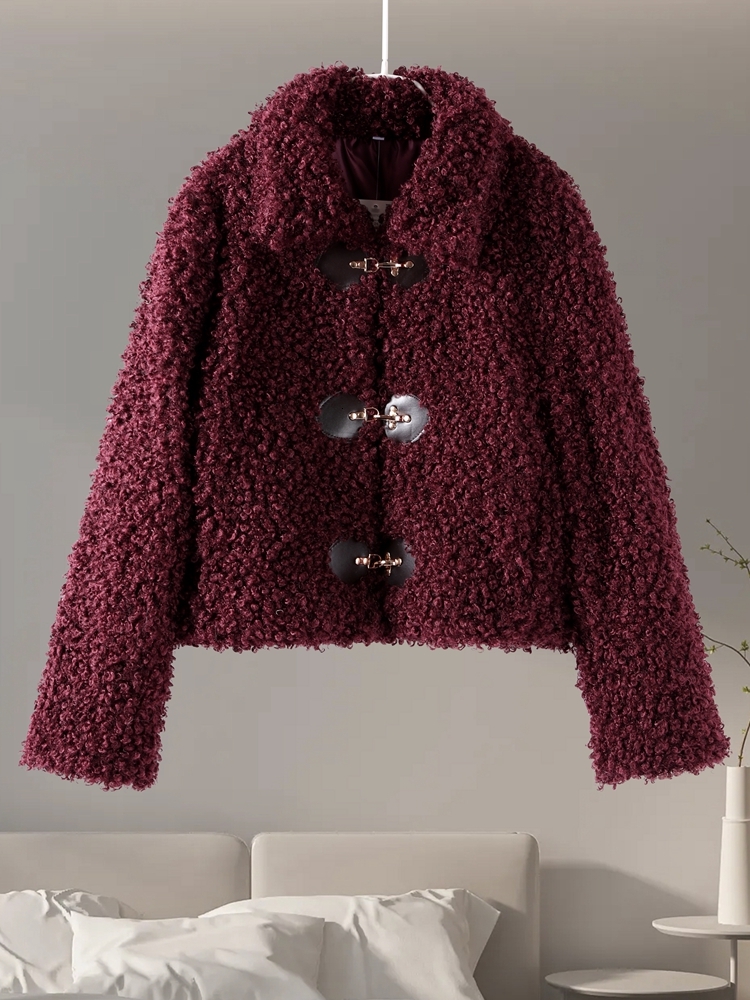 Lamb Wool Double Breasted Women Coat Solid Full Sleeve Lapel Female Jacket Autumn Winter Thicken Lady Overcoat