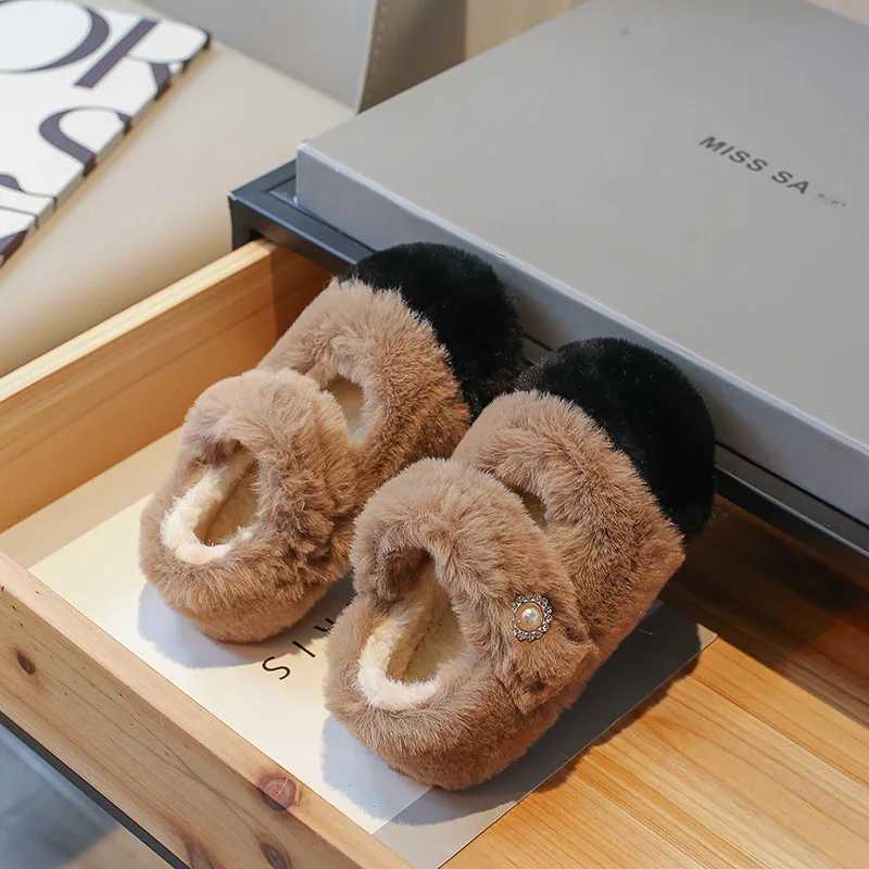 Winter Fur Girls Shoes Fashion Children Princess Flat Shoe Korean Plush Warm Kids Shoe Shallow Mary Janes Chaussure Child Girl W241228