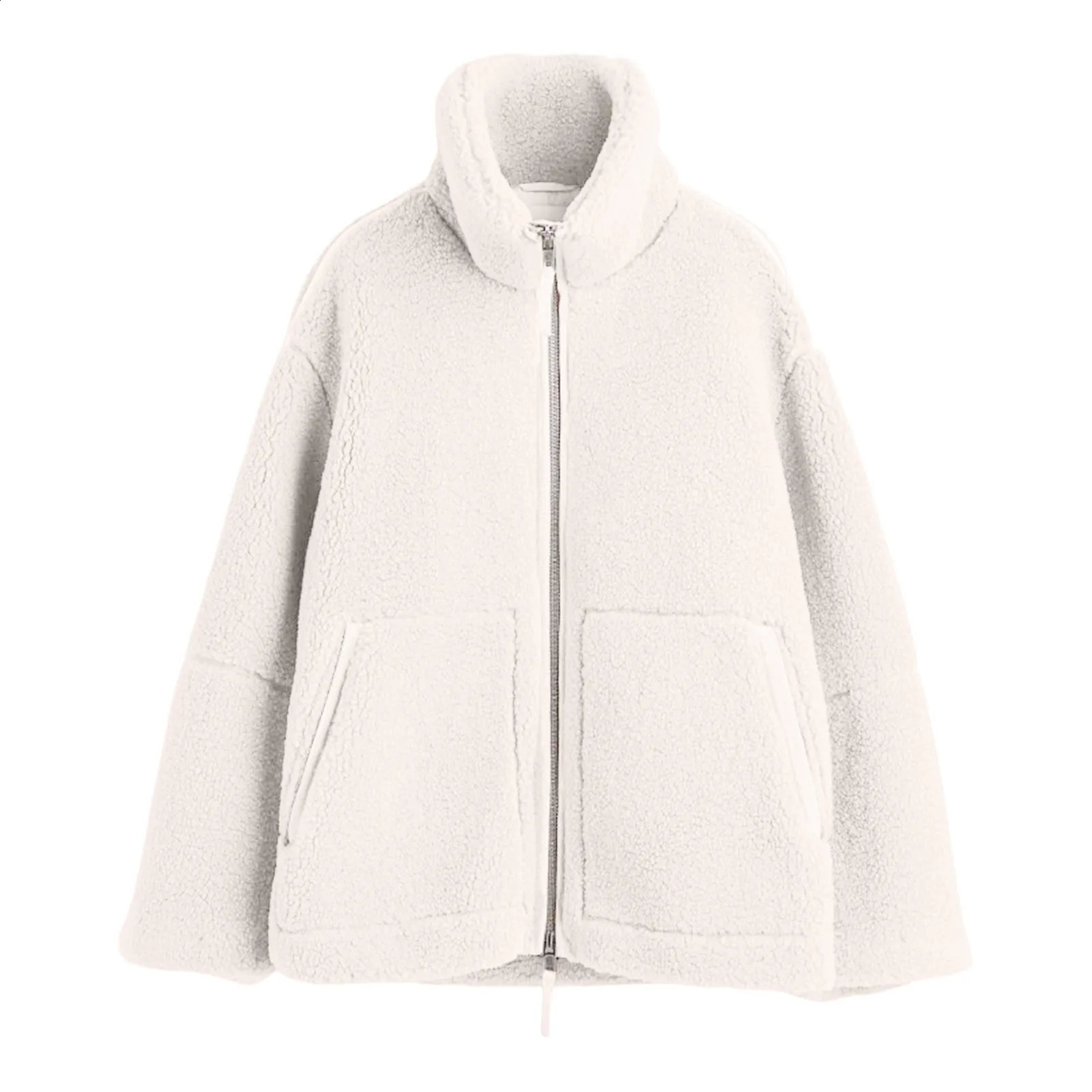 Womens Fuzzy Fleece Jacket Casual Long Sleeve Oversized Sherpa Warm Coats Double Zip Winter Teddy Outwear With Pocket Jackets 241227