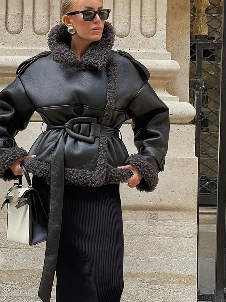 Casual Winter Warm Sherpa Jackets Fashion Spliced Sheepskin Long Sleeve Lace Up Cropped Outerwears Lady Street Clothing 241227