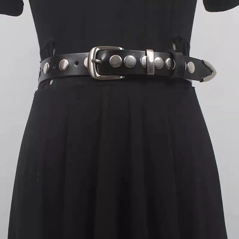 Womens Runway Fashion Black Genuine Leather Rivet Cummerbunds Female Dress Corsets Waistband Belts Decoration Wide Belt R925 241227