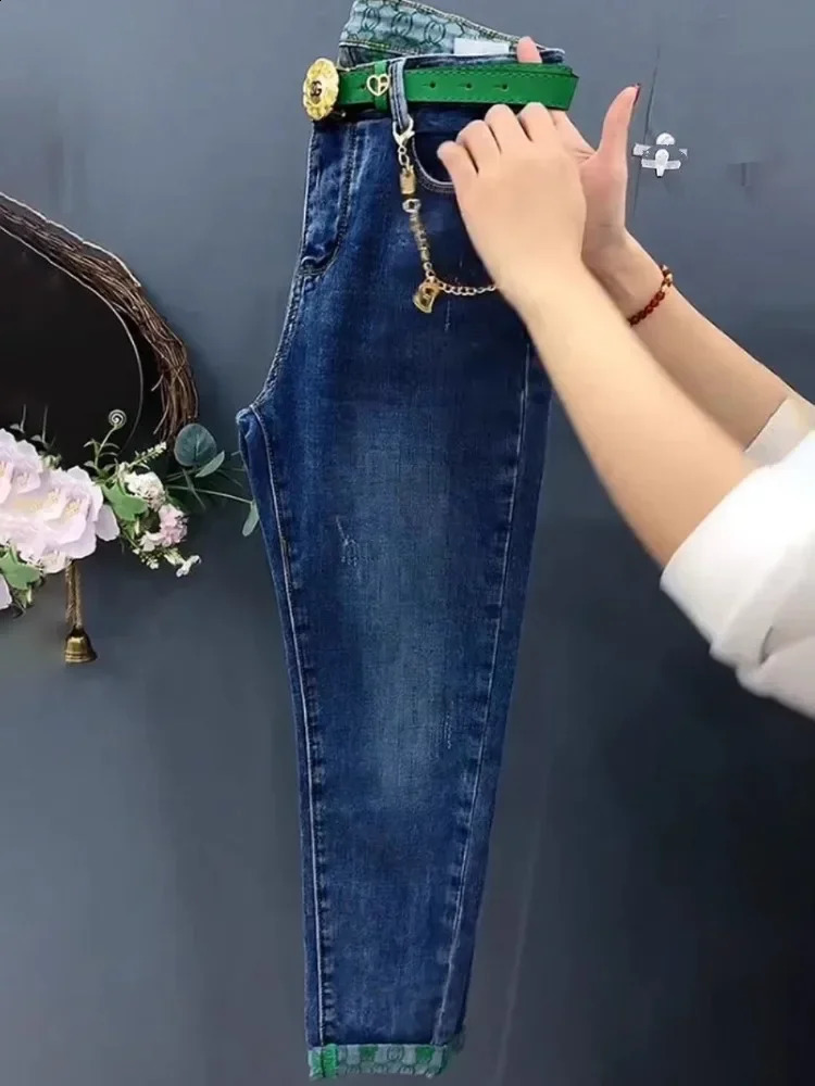 Blue Plus Size Jeans Spring Autumn Fashion Casual High Waist Stretch Straight Trouser SlimFit Elegant Edge Curl Harem Pants 241228