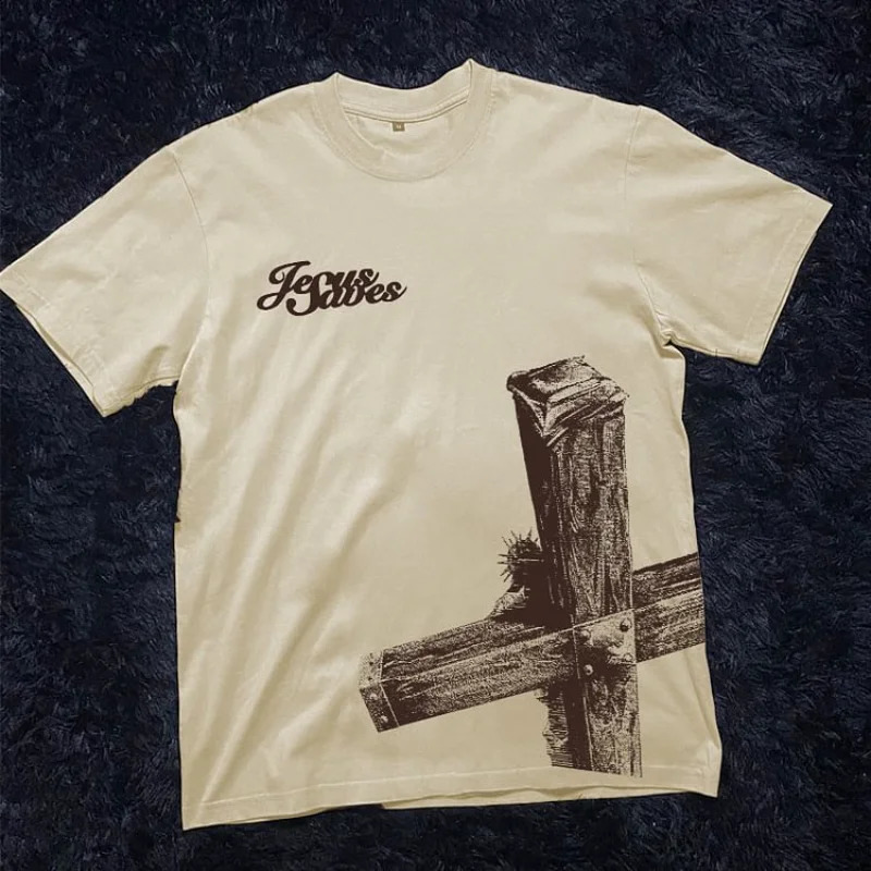 Jesus Saves Cross Print Graphic 100 Cotton TShirt Men Y2K Summer Short Sleeves Vintage Oversize Tshirt Streetwear Women Tops 241227