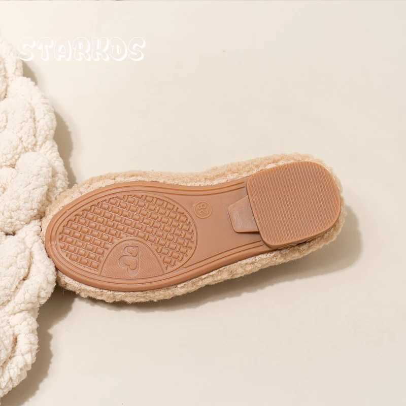 Bowknot Lambswool Ballet Flats Kid Girl Winter Warm Teddy Fur Ballerina Shoes Child Cosy Plush Shallow Loafers with Elastic Band W241228