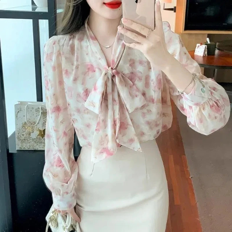 French Style Niche Floral Chiffon Blouse Women Spring Bow Tie Commuting Long Sleeved Allmatch Elegant Shirt 241228