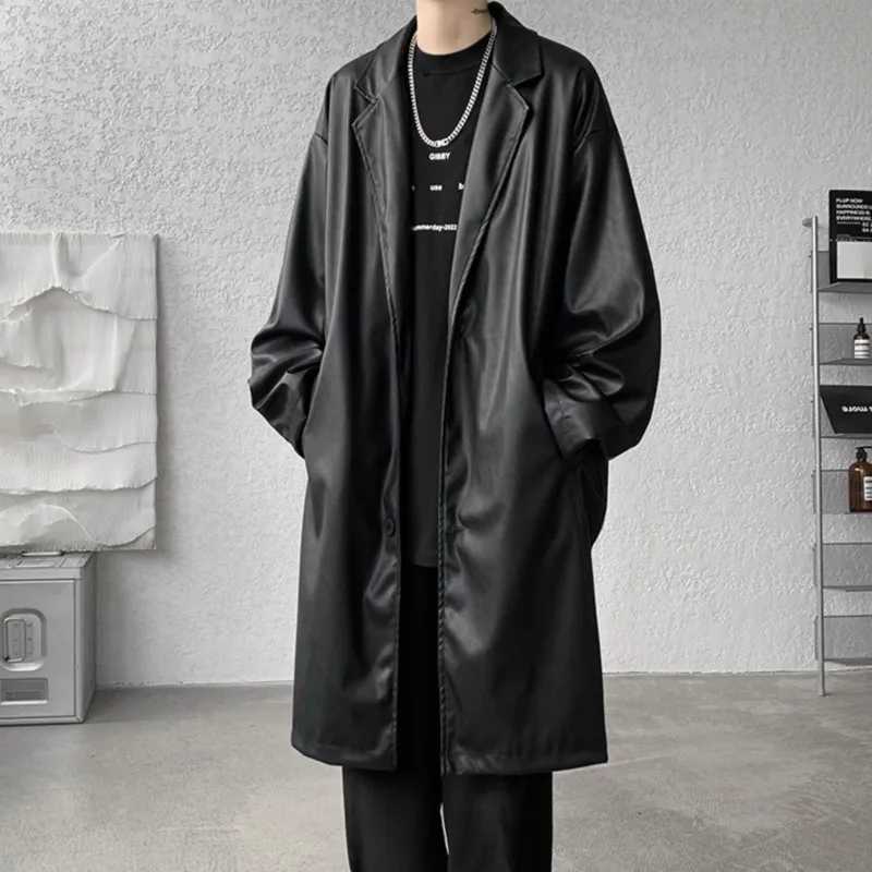 Neutral black PU leather long groove coat womens Gothic groove coat luxury autumn loose windproof coat W241228