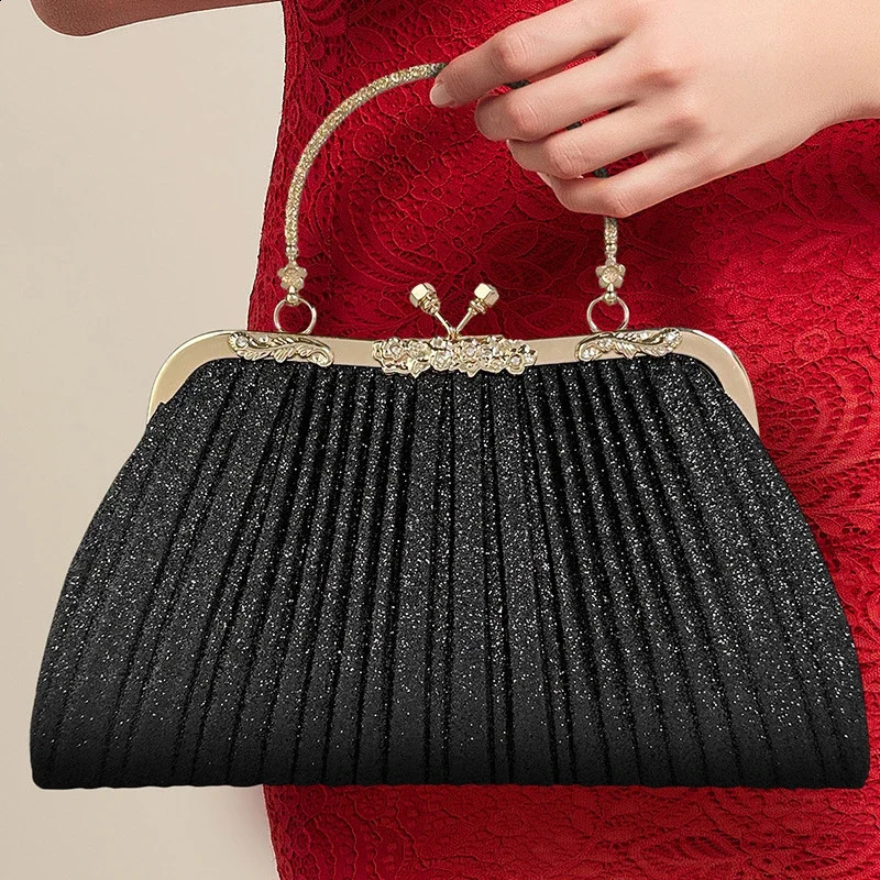 High Quality Women Evening Bag Vintage Elegant Party Ruched Clutch Purse Bags Night Wedding Gold Crossbody for Handbag 241227