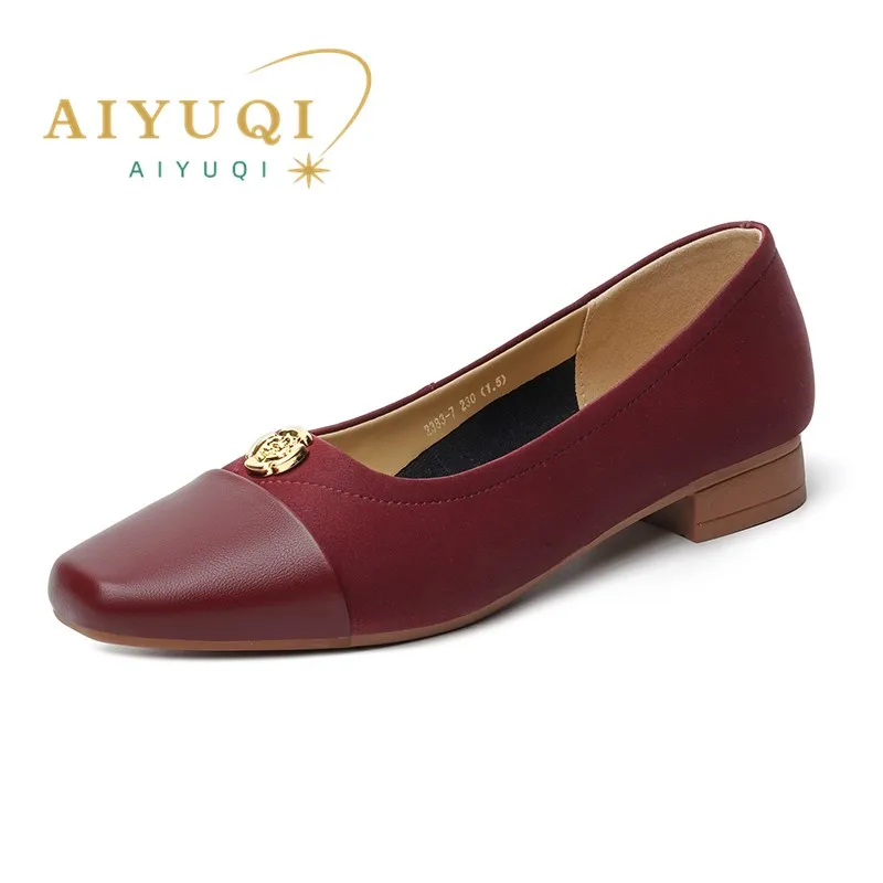 AIYUQI Women Dress Shoes Genuine Leather Spring Square Toe Ballet Shoes Women Mid Heel Fashion Women Office Shoes