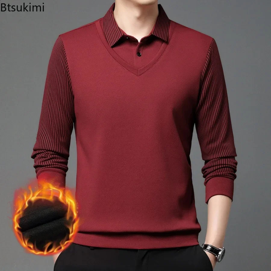 Autumn Winter Mens Fleece Warm Shirts Fashion Stripe Splice Fake Two-piece Business Casual Pullover T-shirts Male Sweater Tops 241223