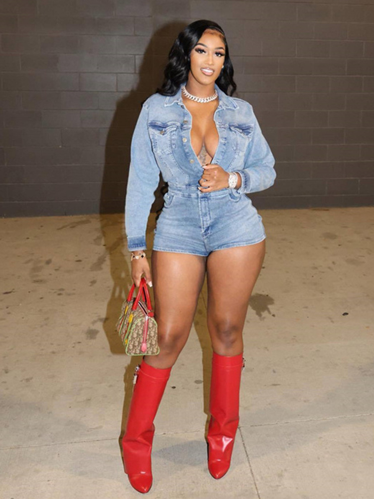 Weird Puss Elastic Denim Women Playsuit Lapel Single-Breasted Full Sleeve One Pieces Shorts Trendy Vintage High Street Partywear