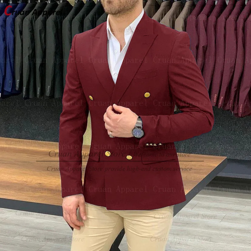 One Blazer Navy Blue Mens Wedding Gentleman Suit Jacket Gold Buttons Casual Slim fit Double Breasted Business Male Coat 241227