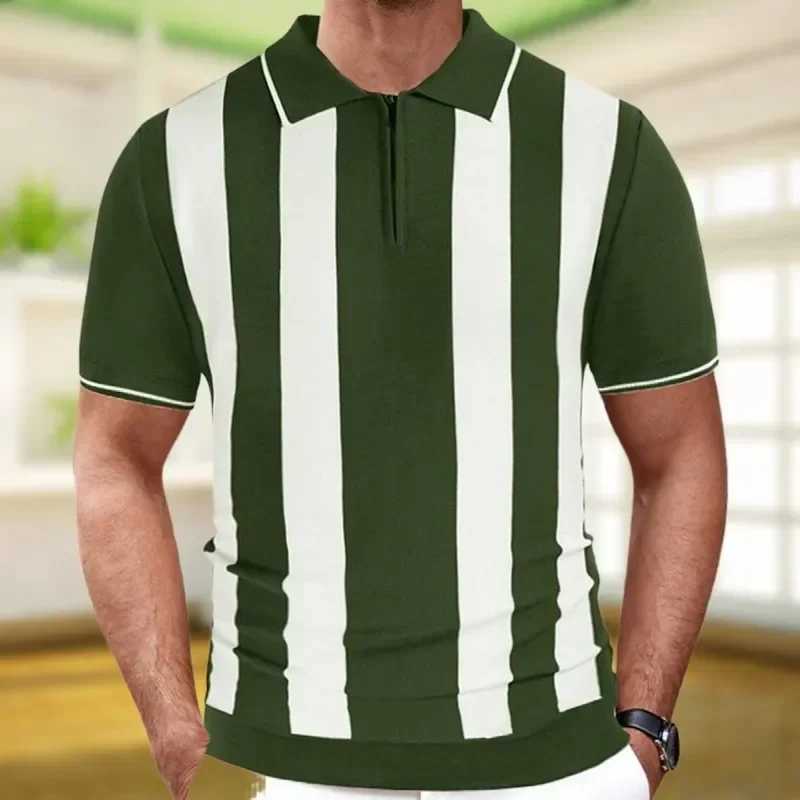 Summer zipper neck polar mens luxury knitted short sleeved shirt shirt casual street clothing striped patch work top fashionable knitted top X241228