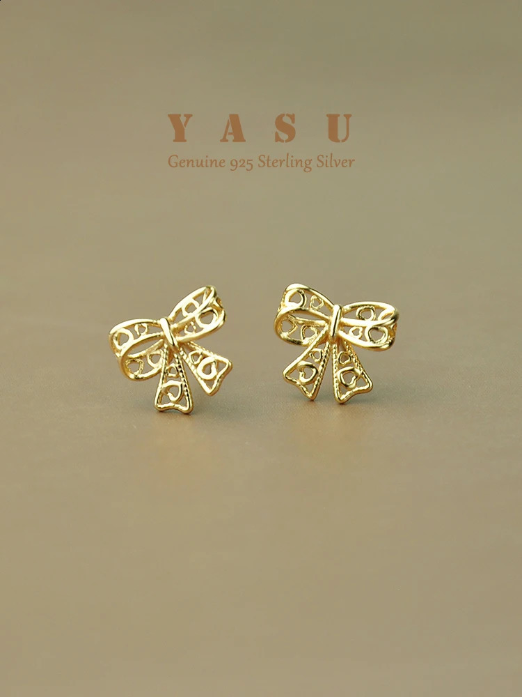 Yasu Genuine 925 Sterling Silver Korean Bowknot Stud Earrings For Women Elegant Hollow Bow Wedding Jewelry Accessories 241226