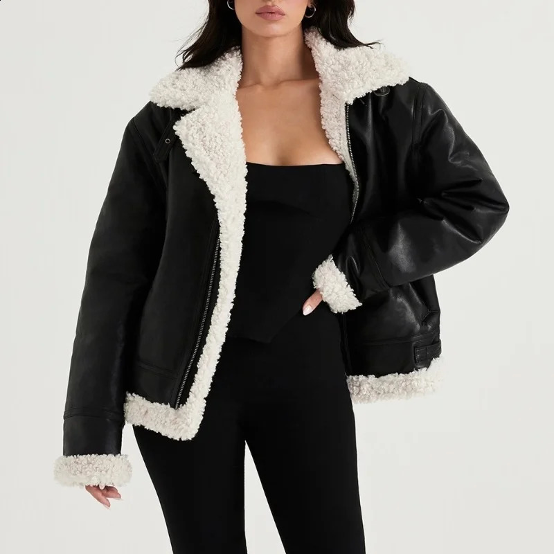 Fashionable retro fur one-piece jacket for women winter style lapel thickened warm sherpa jacket top 241227